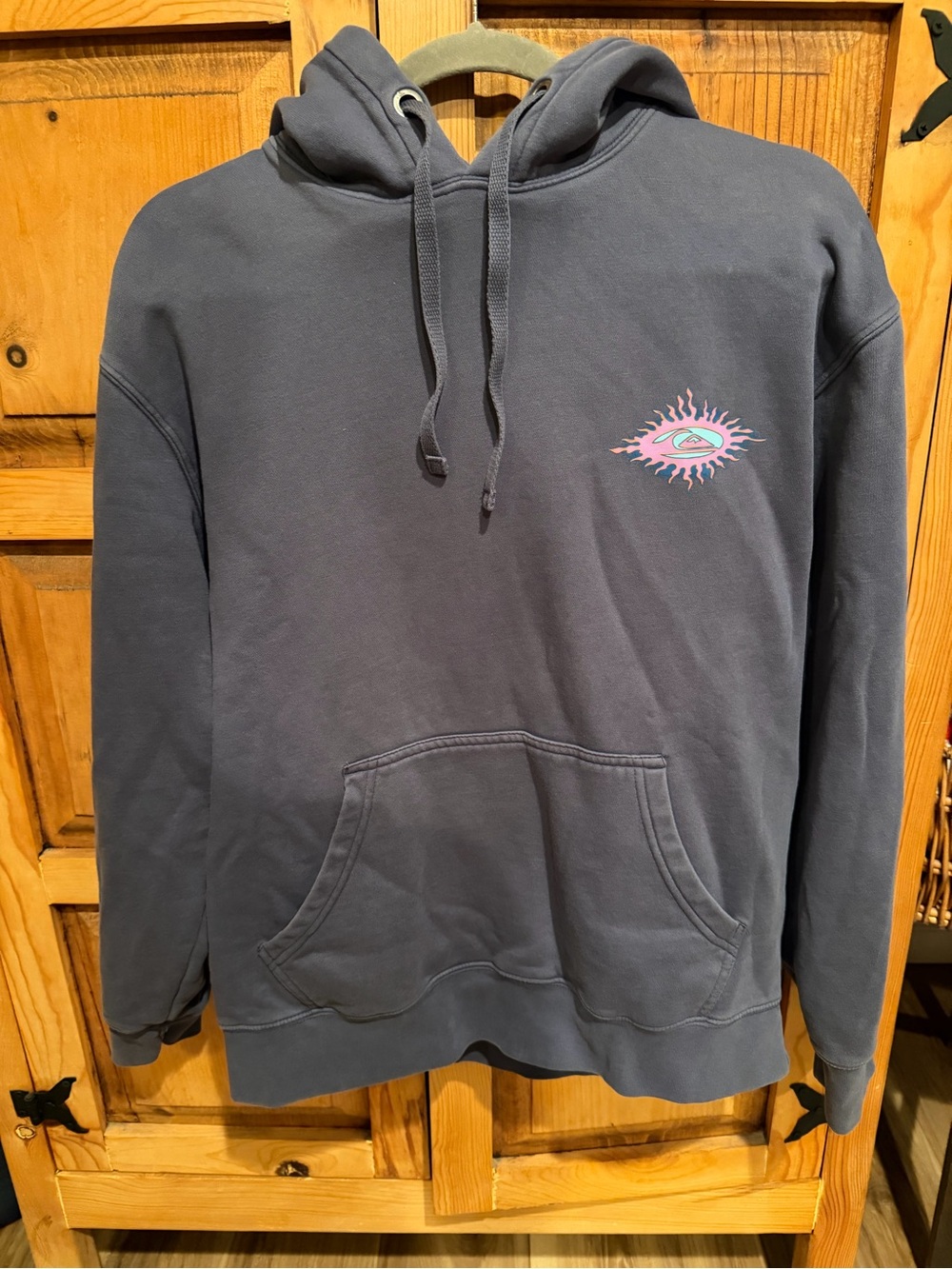Quiksilver Slate Blue Hoodie with Pink & Light Blue Sun Graphic